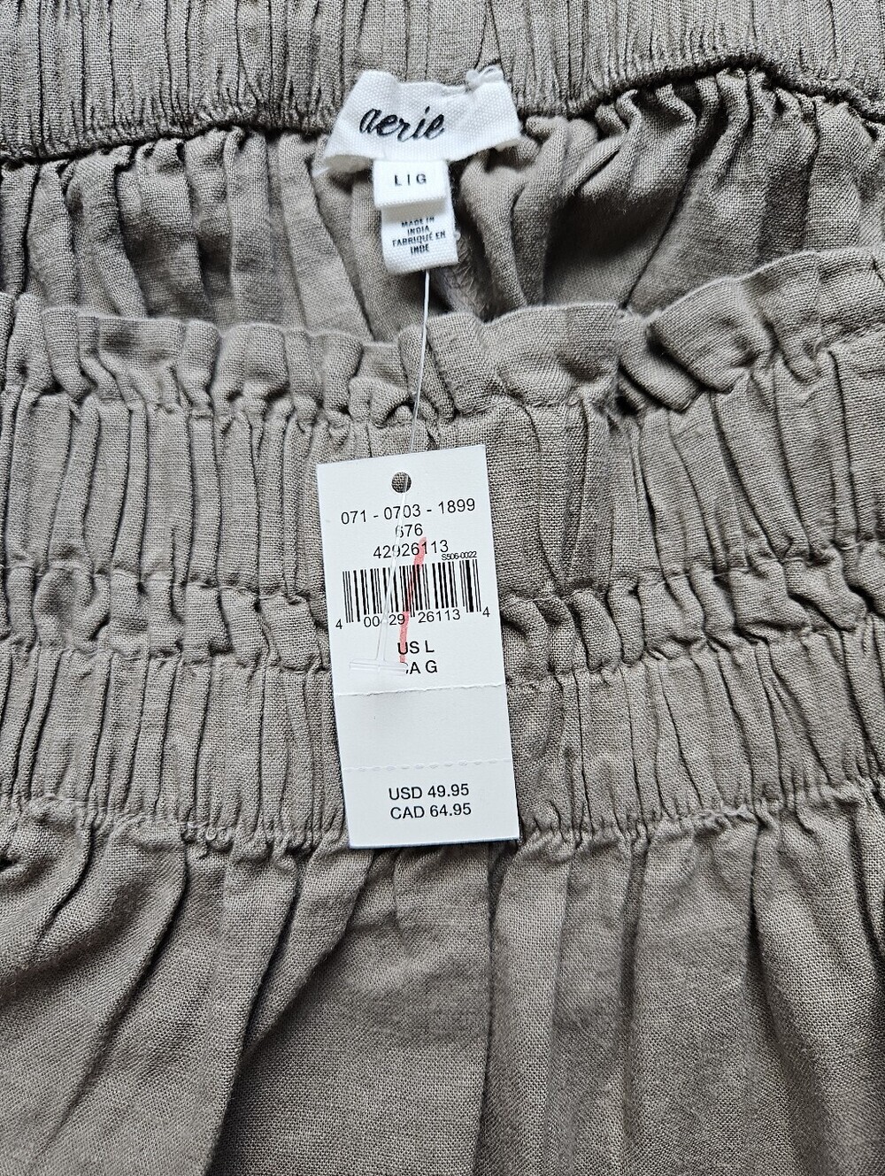 Aerie Linen Blend Embroidered Mini Skirt Brown Khaki Sz L Boho Smocked Waist - Picture 10 of 10